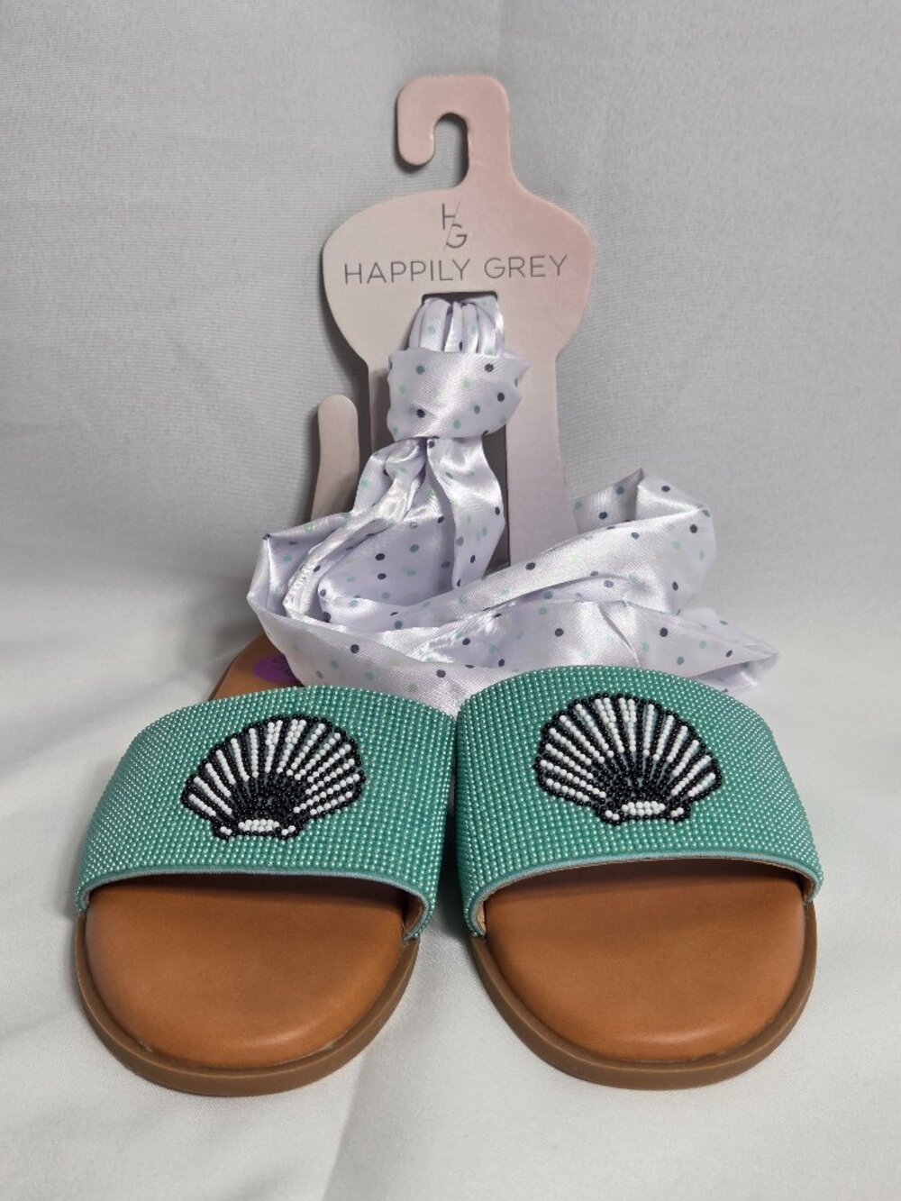 Happily Grey Teal Beaded Seashell Slide Sandals Polka Dot Leg Ribbon Size 8.5